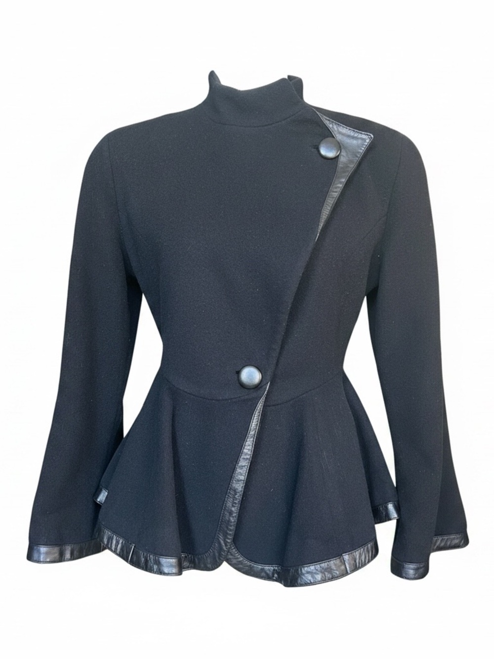 Wool leather trim Black Asymmetrical Peplum Jacket Bell Sleeve Size S